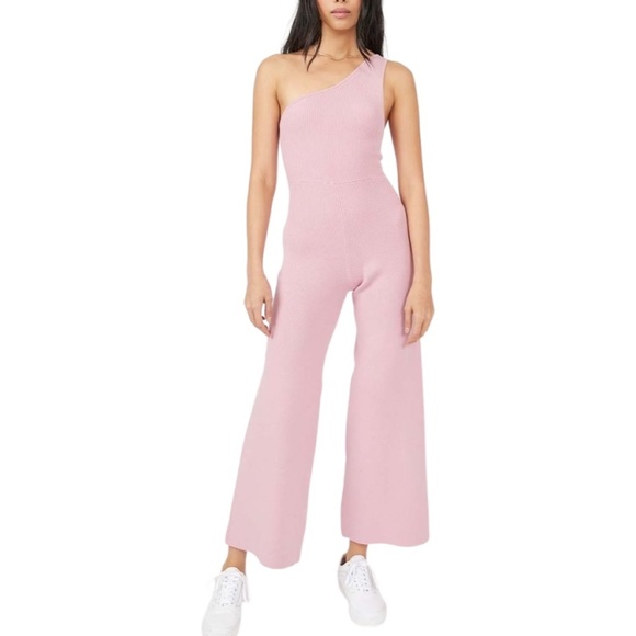 Free People Pants - Lilac Wave Ribbed-Knit Waverly Wide-Leg Off-Shoulder Jumpsuit